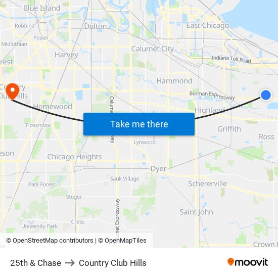 25th & Chase to Country Club Hills map