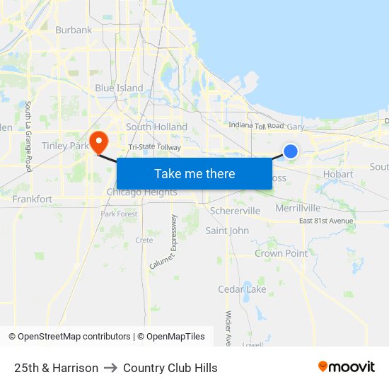 25th & Harrison to Country Club Hills map