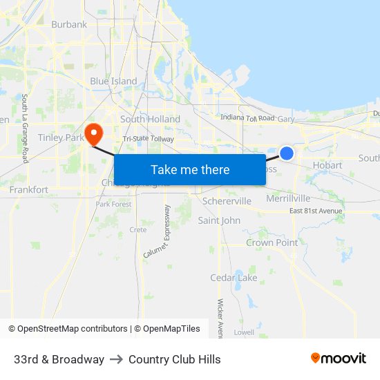 33rd & Broadway to Country Club Hills map