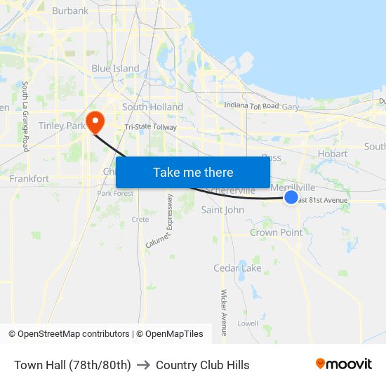 Town Hall (78th/80th) to Country Club Hills map