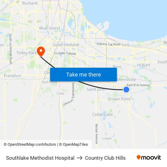 Southlake Methodist Hospital to Country Club Hills map