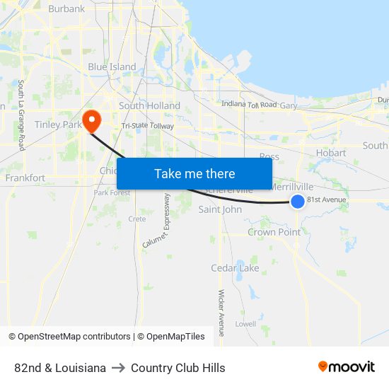 82nd & Louisiana to Country Club Hills map