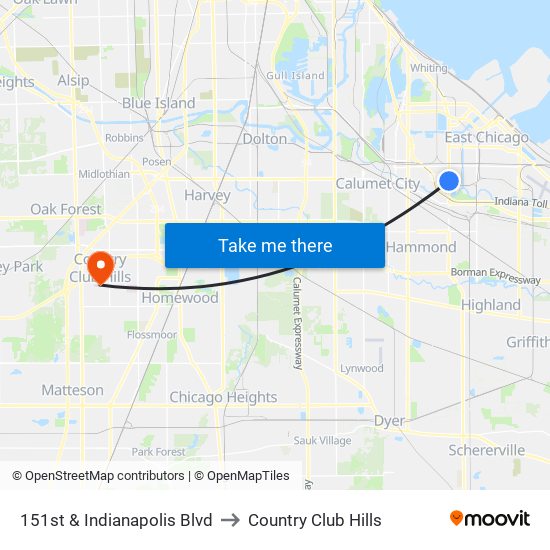 151st & Indianapolis Blvd to Country Club Hills map