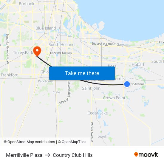 Merrillville Plaza to Country Club Hills map