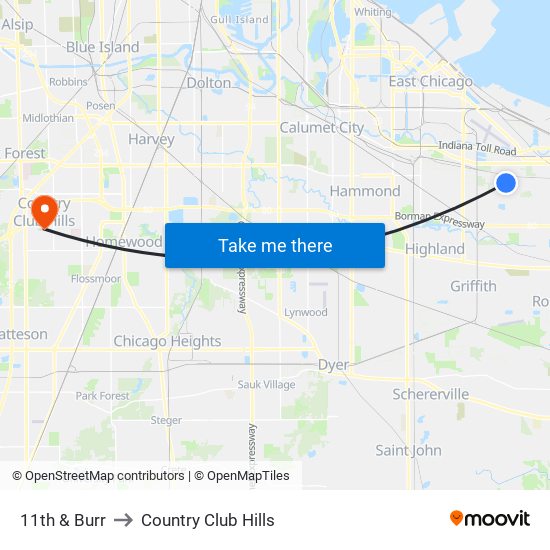 11th & Burr to Country Club Hills map