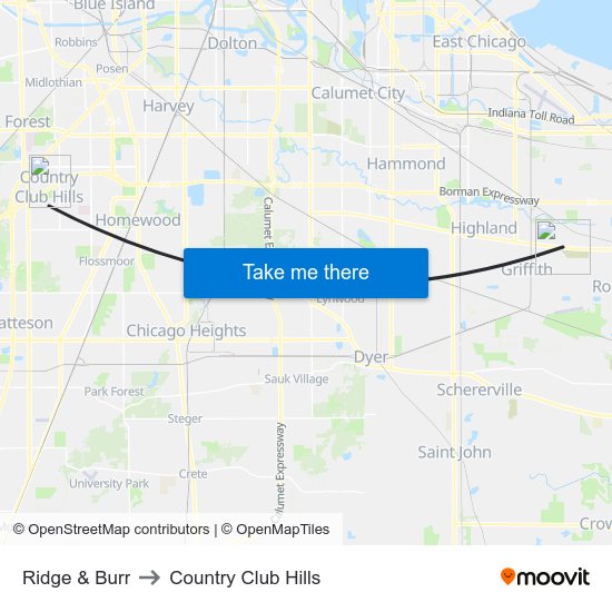 Ridge & Burr to Country Club Hills map