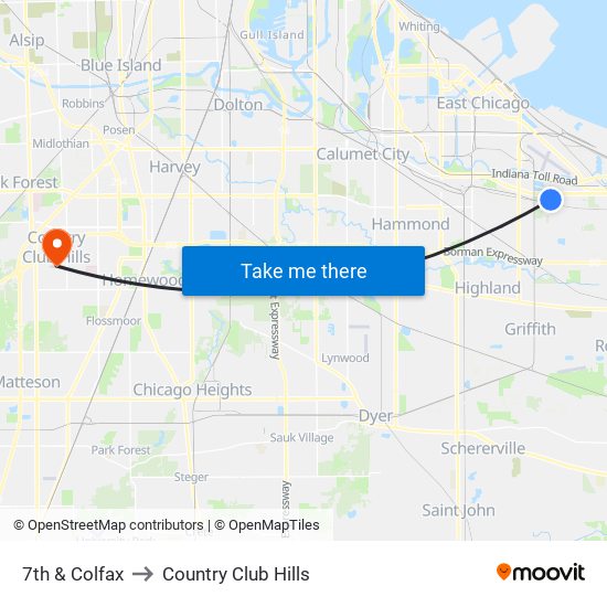 7th & Colfax to Country Club Hills map