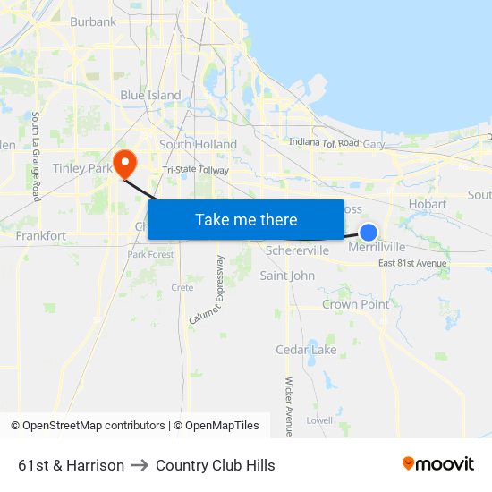 61st & Harrison to Country Club Hills map