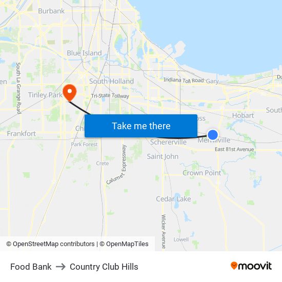 Food Bank to Country Club Hills map