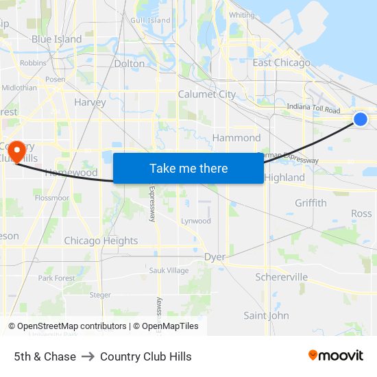 5th & Chase to Country Club Hills map