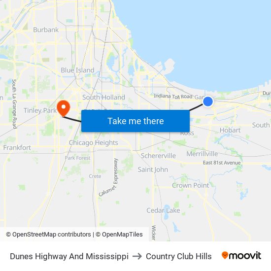 Dunes Highway And Mississippi to Country Club Hills map