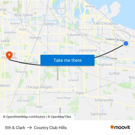 5th & Clark to Country Club Hills map