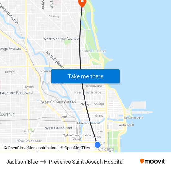 Jackson-Blue to Presence Saint Joseph Hospital map