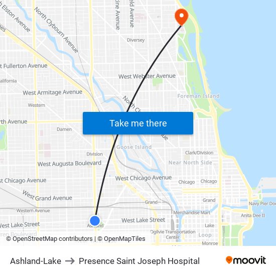 Ashland-Lake to Presence Saint Joseph Hospital map