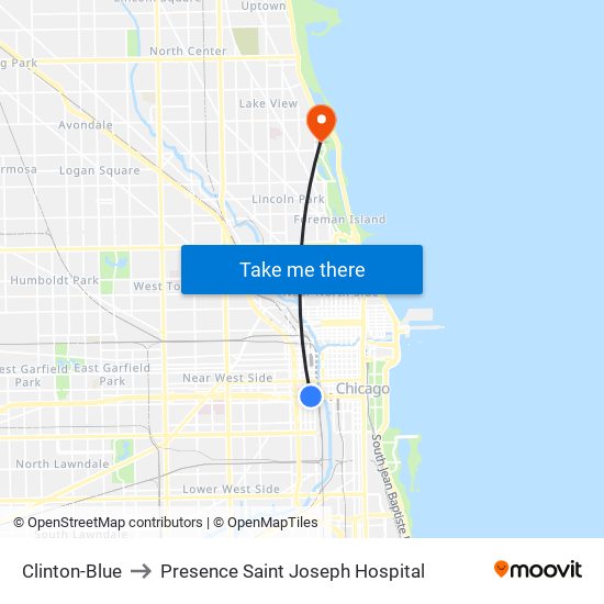 Clinton-Blue to Presence Saint Joseph Hospital map