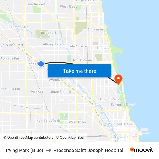 Irving Park (Blue) to Presence Saint Joseph Hospital map