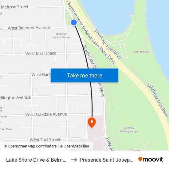 Lake Shore Drive & Belmont (South) to Presence Saint Joseph Hospital map