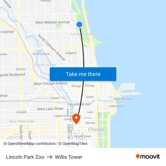 Lincoln Park Zoo to Willis Tower map