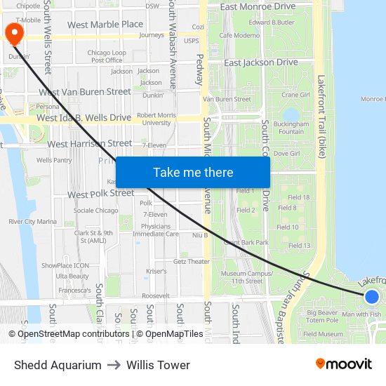 Shedd Aquarium to Willis Tower map
