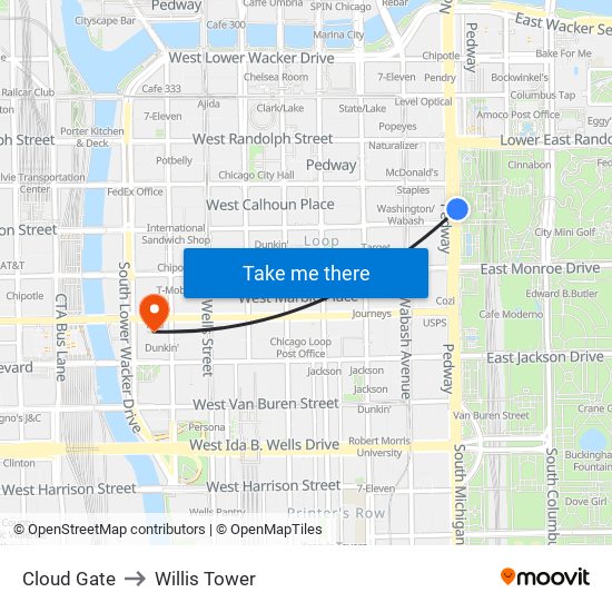 Cloud Gate to Willis Tower map