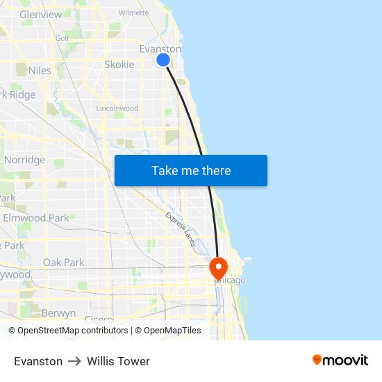 Evanston to Willis Tower map