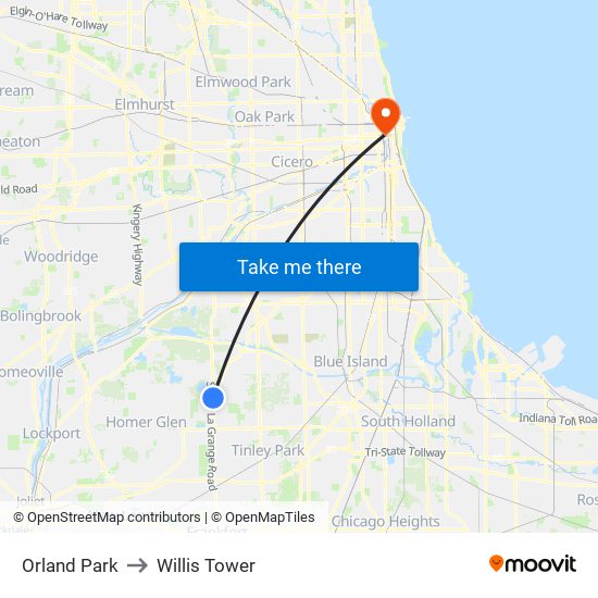 Orland Park to Willis Tower map