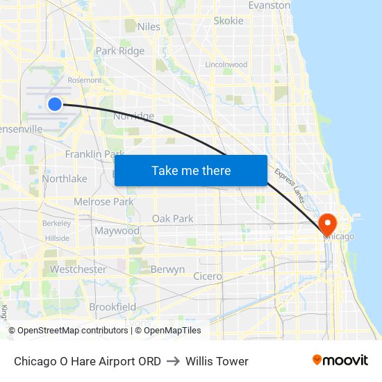 Chicago O Hare Airport ORD to Willis Tower map