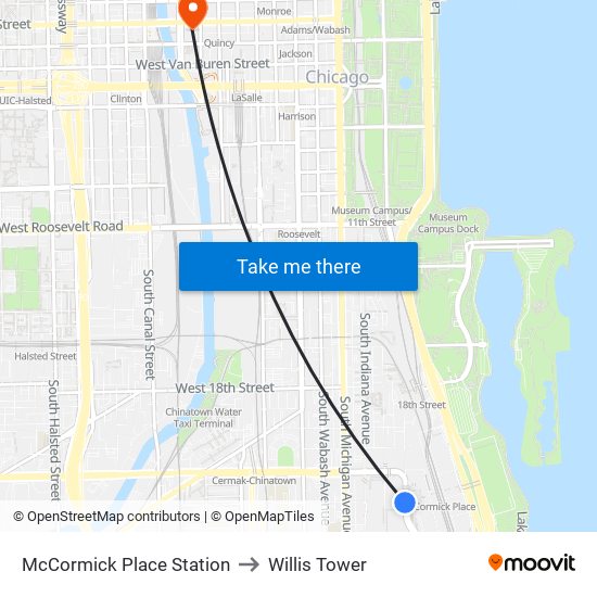 McCormick Place Station to Willis Tower map