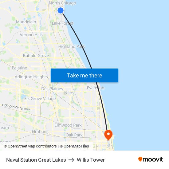 Naval Station Great Lakes to Willis Tower map