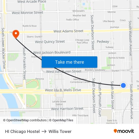 HI Chicago Hostel to Willis Tower map