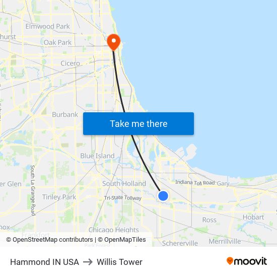 Hammond IN USA to Willis Tower map