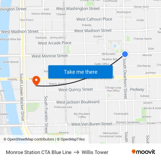 Monroe Station CTA Blue Line to Willis Tower map