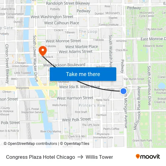 Congress Plaza Hotel Chicago to Willis Tower map