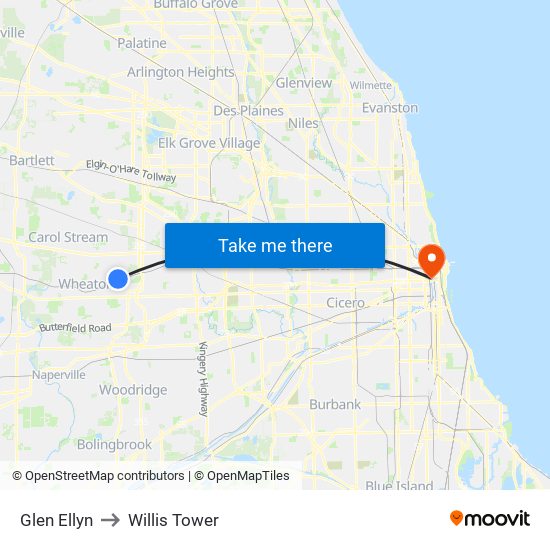 Glen Ellyn to Willis Tower map