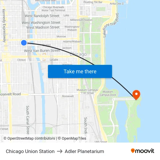 Chicago Union Station to Adler Planetarium map