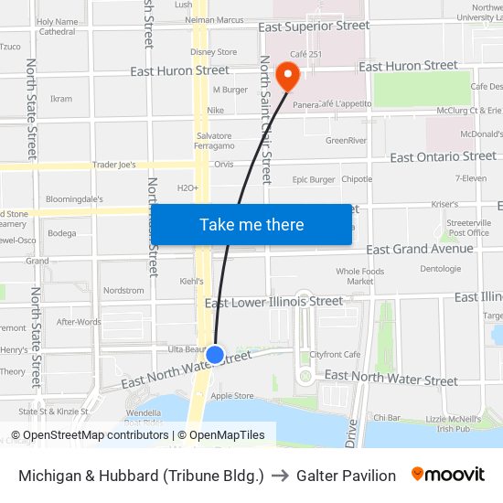 Michigan & Hubbard (Tribune Bldg.) to Galter Pavilion map