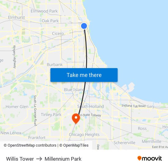 Willis Tower to Millennium Park map
