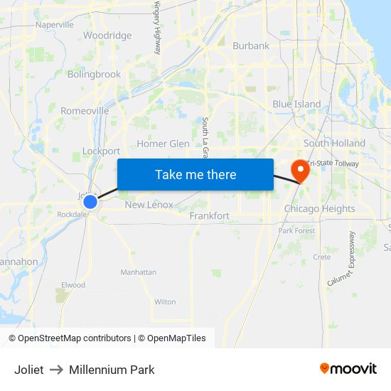 Joliet to Millennium Park map