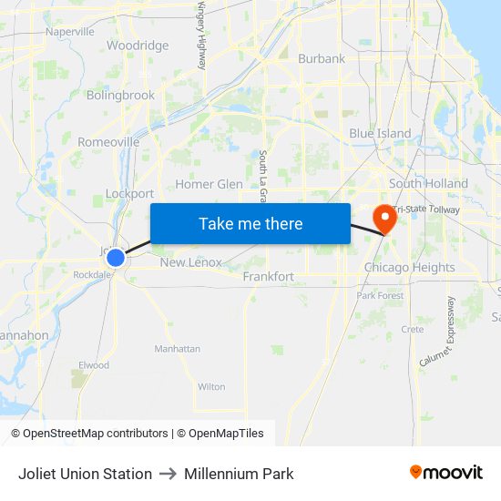 Joliet Union Station to Millennium Park map