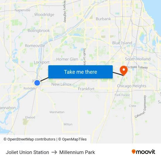 Joliet Union Station to Millennium Park map