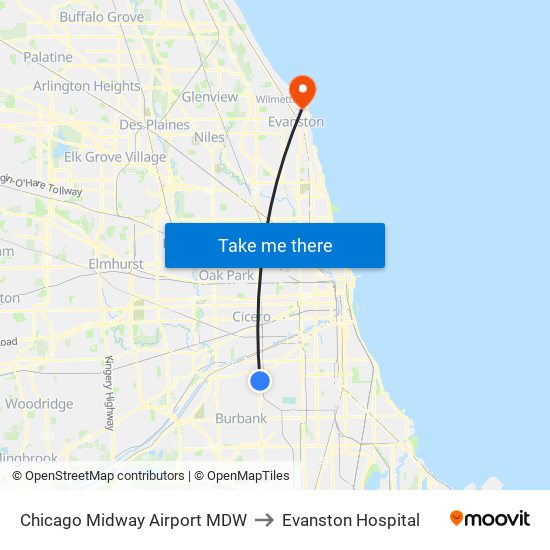 Chicago Midway Airport MDW to Evanston Hospital map