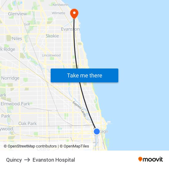 Quincy to Evanston Hospital map