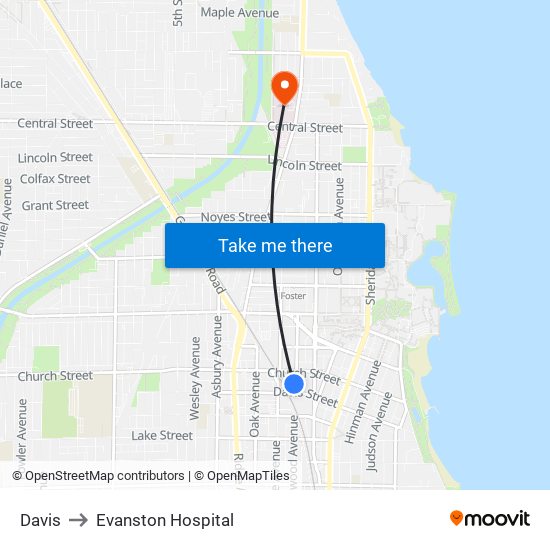 Davis to Evanston Hospital map