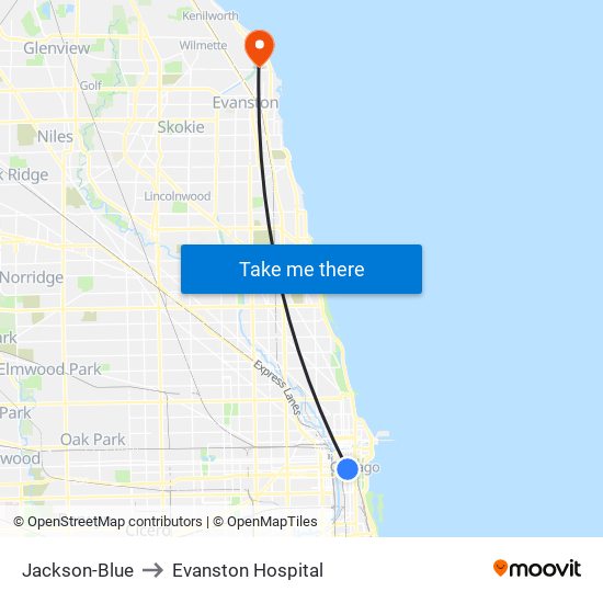 Jackson-Blue to Evanston Hospital map
