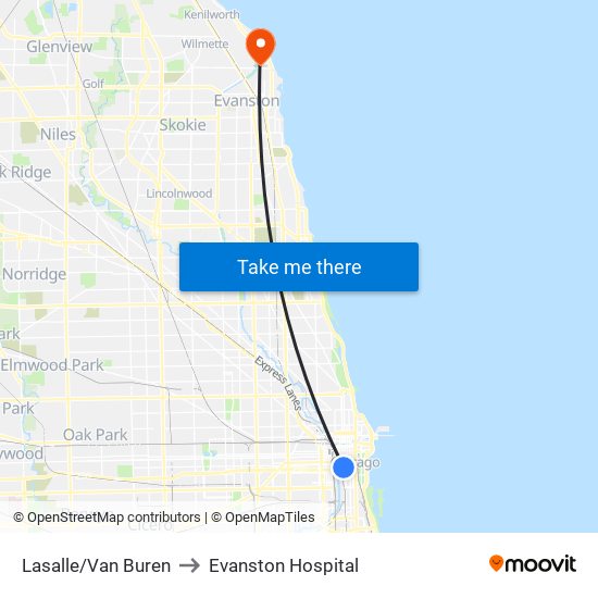 Lasalle/Van Buren to Evanston Hospital map