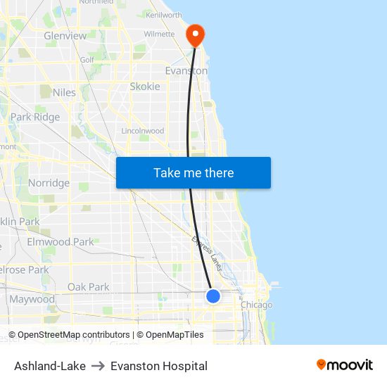 Ashland-Lake to Evanston Hospital map