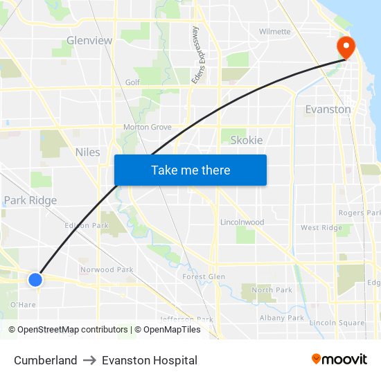 Cumberland to Evanston Hospital map