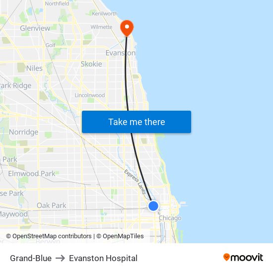 Grand-Blue to Evanston Hospital map