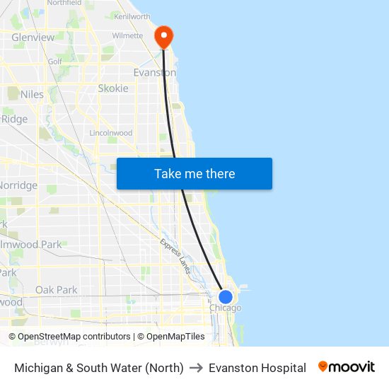 Michigan & South Water (North) to Evanston Hospital map