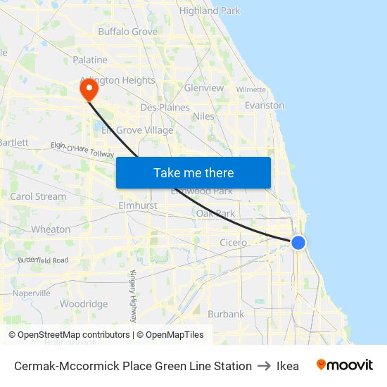 Cermak-Mccormick Place Green Line Station to Ikea map